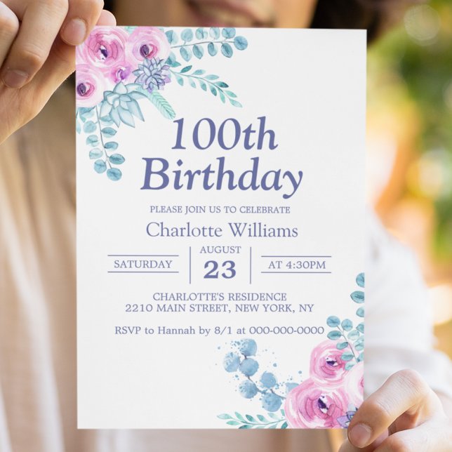 100th Birthday Watercolor Floral Purple 100 Years Invitation (100th Birthday Watercolor Floral Purple 100 Years Invitation
)