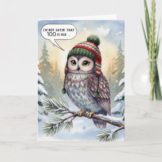 100th Birthday Watercolor Owl In Winter Hat Card (Front)