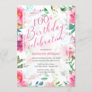 100th Birthday Watercolor Tropical Pink Floral Invitation