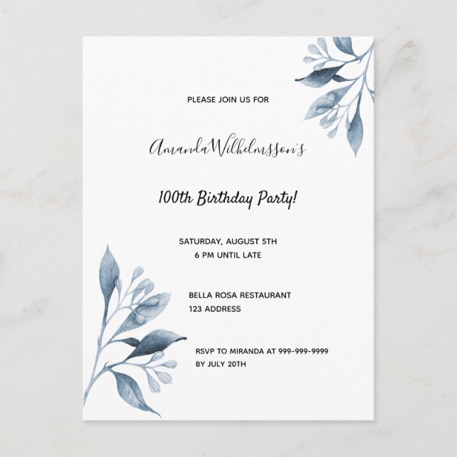 100th birthday white blue botanical invitation postcard (Front)