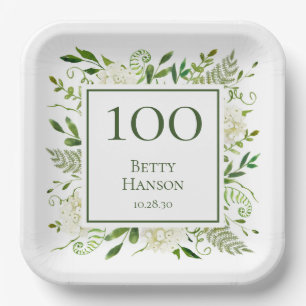 100th Birthday White Hydrangeas Paper Plate