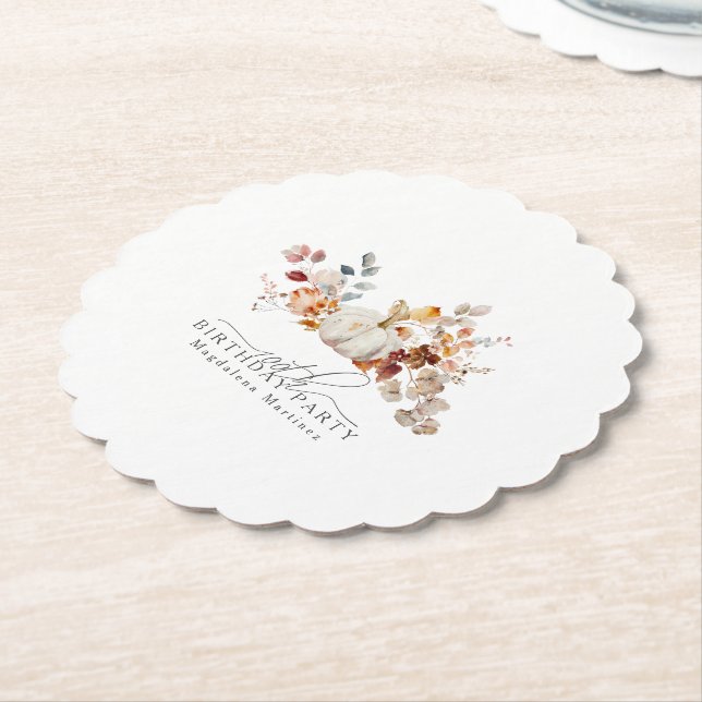 100th Birthday White Pumpkin Fall Flowers Custom Paper Coaster (Angled)