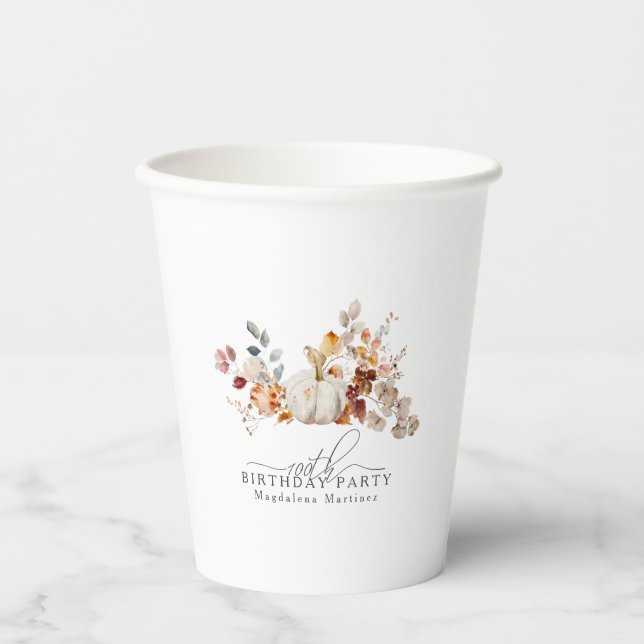 100th Birthday White Pumpkin Fall Flowers Custom Paper Cups (Front)