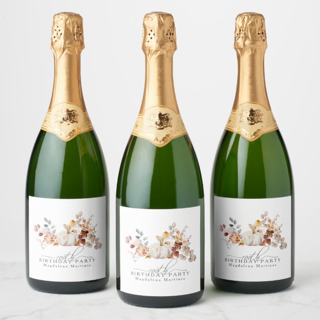 100th Birthday White Pumpkin Fall Flowers Custom Sparkling Wine Label (Bottles)
