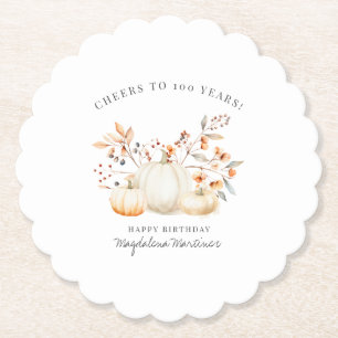 100th Birthday White Pumpkin Fall Leaves Custom Paper Coaster