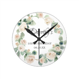 100th Birthday White Rose Floral Eucalyptus Wreath Round Clock