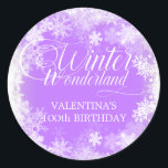100th Birthday Winter Wonderland Snowflake Favour Classic Round Sticker<br><div class="desc">Elegant winter wonderland 100th birthday invitation features beautiful calligraphy surrounded by a lush snowflake and snow border. The snowflakes pop against the pretty soft purple background. You can actually change the background colour to any colour. Winter Wonderland can't be changed, but all of the remaining text can be edited. This...</div>