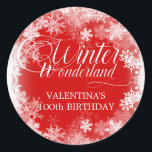 100th Birthday Winter Wonderland Snowflake Favour Classic Round Sticker<br><div class="desc">Elegant winter wonderland 100th birthday invitation features beautiful calligraphy surrounded by a lush snowflake and snow border. The snowflakes pop against the bright blue background. You can actually change the background colour to any colour. Winter Wonderland can't be changed, but all of the remaining text can be edited. This item...</div>