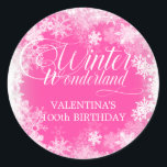 100th Birthday Winter Wonderland Snowflake Favour Classic Round Sticker<br><div class="desc">Elegant winter wonderland 100th birthday invitation features beautiful calligraphy surrounded by a lush snowflake and snow border. The snowflakes pop against the pretty pink background. You can actually change the background colour to any colour. Winter Wonderland can't be changed, but all of the remaining text can be edited. This item...</div>