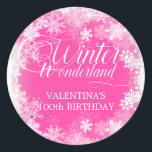 100th Birthday Winter Wonderland Snowflake Favour Classic Round Sticker<br><div class="desc">Elegant winter wonderland 100th birthday invitation features beautiful calligraphy surrounded by a lush snowflake and snow border. The snowflakes pop against the pretty pink background. You can actually change the background colour to any colour. Winter Wonderland can't be changed, but all of the remaining text can be edited. This item...</div>