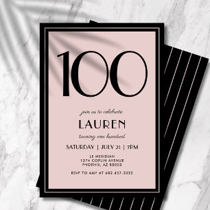 100th Birthday Women's Modern Minimal Black Pink Invitation