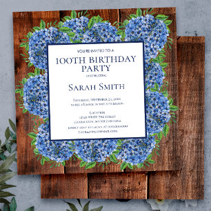 100th Birthday Wood Blue Hydrangeas Rustic Party Invitation