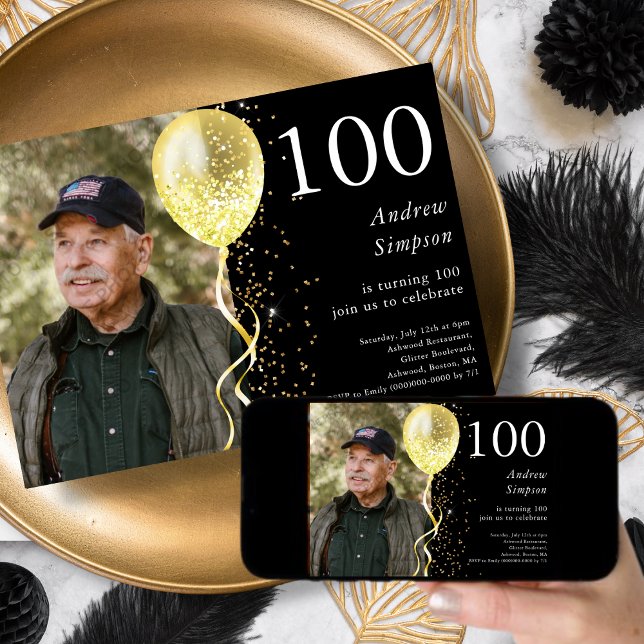 100th | Black & Gold Glitter Photo Birthday  Invitation (Creator Uploaded)
