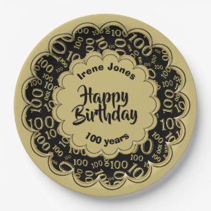 100th Black/Gold Random Number Pattern Paper Plate