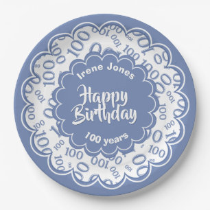 100th Blue/White Random Number Pattern Paper Plate