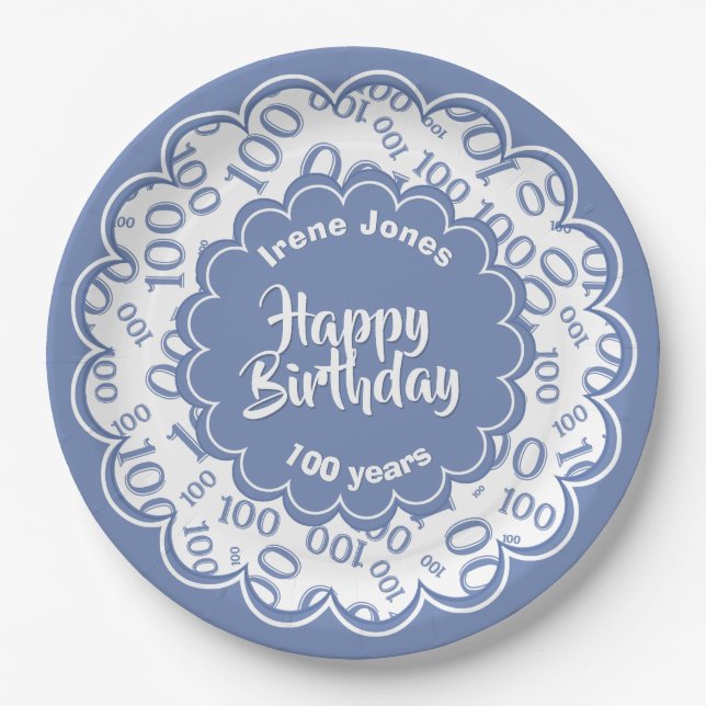 100th Blue/White Random Number Pattern Paper Plate (Front)