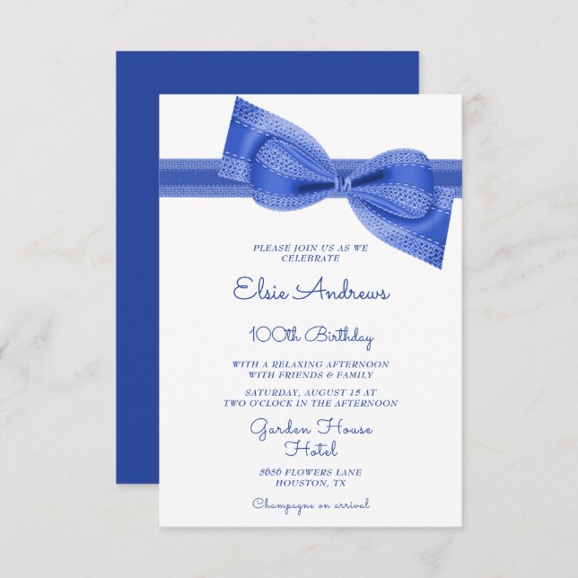 100th Centenarian Blue Bow & Ribbon Birthday Invitation (Front/Back)