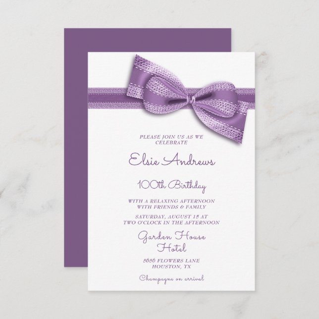 100th Centenarian Bow & Ribbon Birthday Invitation (Front/Back)