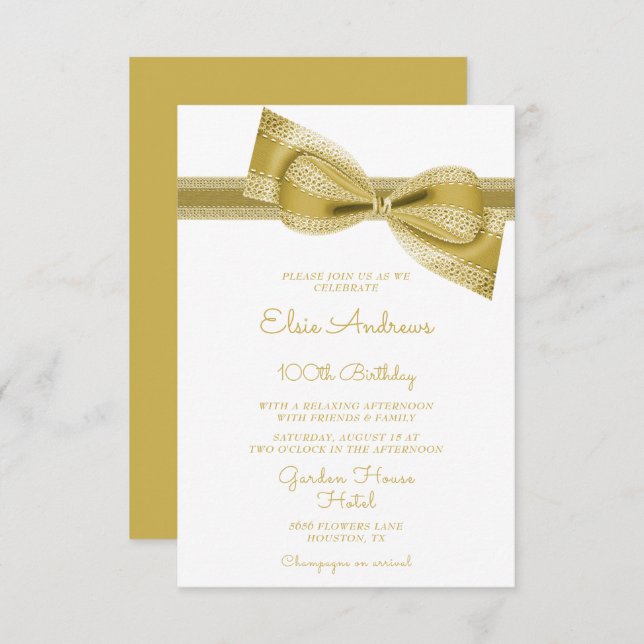 100th Centenarian Gold Bow & Ribbon Birthday Invitation (Front/Back)