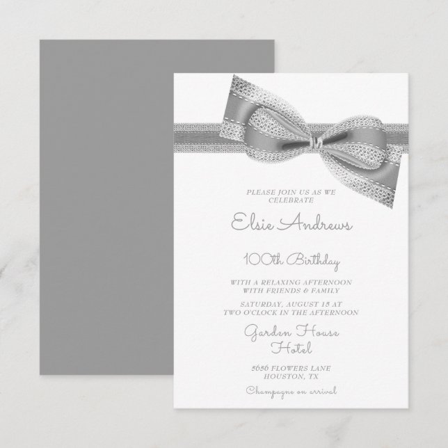 100th Centenarian Silver Bow & Ribbon Birthday Invitation (Front/Back)