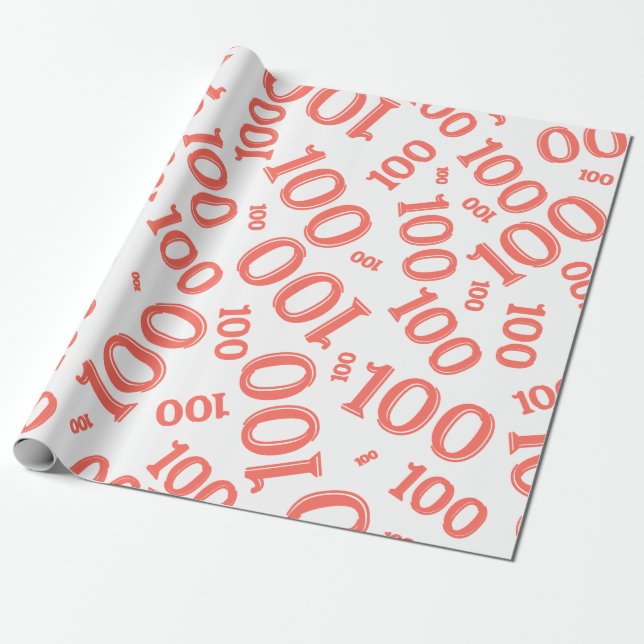 100th Coral/White Random Number Pattern Large Wrapping Paper (Unrolled)