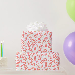100th Coral/White Random Number Pattern Medium Wrapping Paper