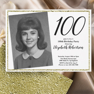 100th Custom Photo White and Gold Invitation