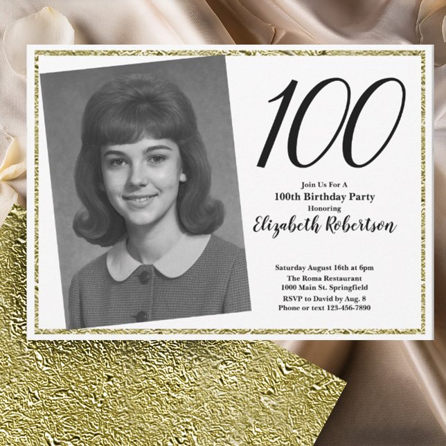 100th Custom Photo White and Gold  Invitation (Creator Uploaded)