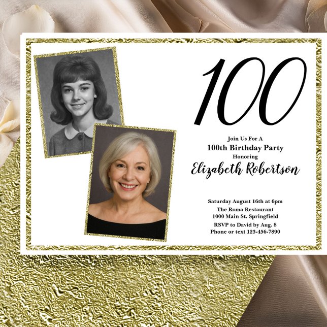 100th Custom Photo White and Gold  Invitation (Creator Uploaded)