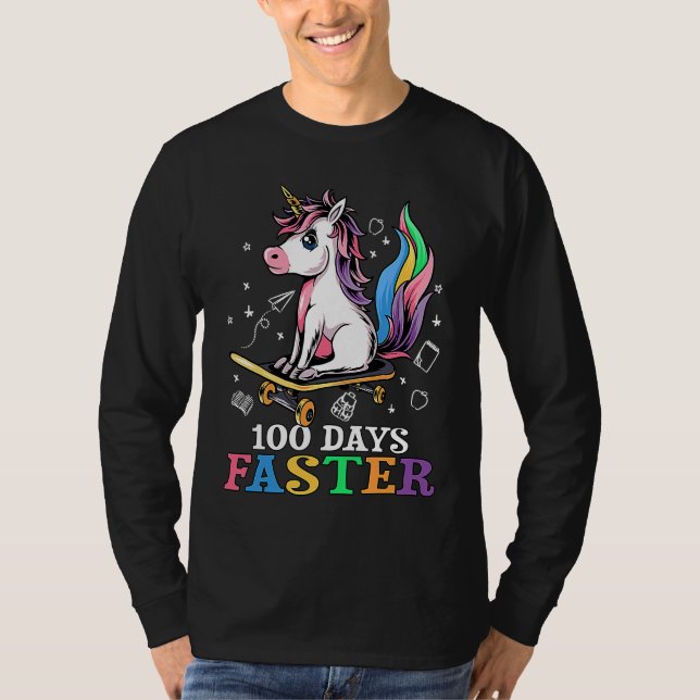 100th Day of School 100 Days Faster Unicorn Skateb T-Shirt (Front)
