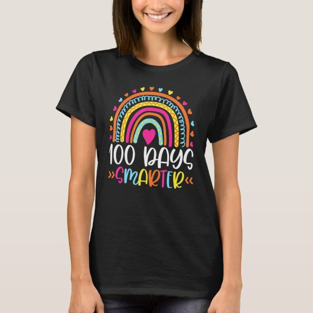 100th Day Of School 100 Days Smarter Leopard Rainb T-Shirt (Front)