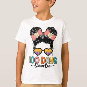 100th Day Of School Girls Messy Bun 100 Days Smart T-Shirt
