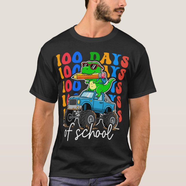 100th Day of School Monster Truck Dinosaur Fun T-Shirt (Front)
