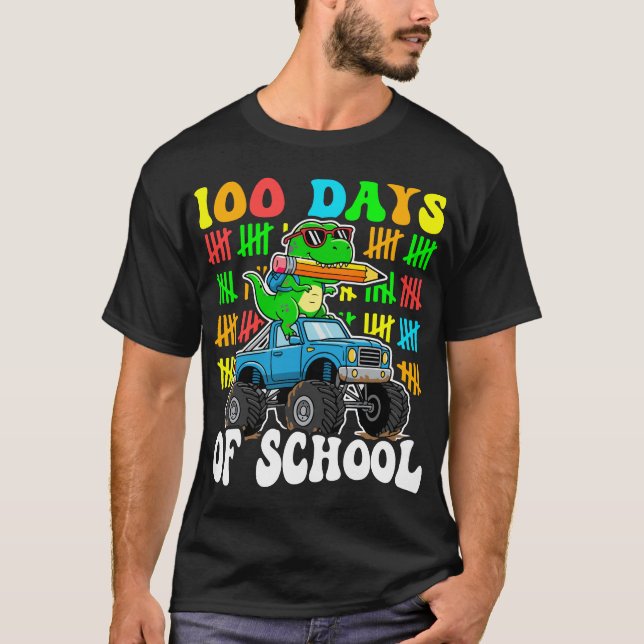 100th Day of School Monster Truck Dinosaur Fun T-Shirt (Front)