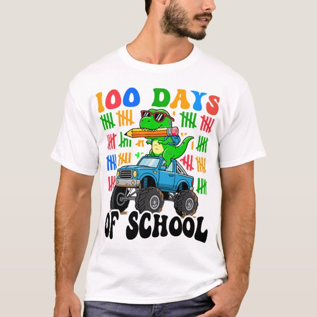 100th Day of School Monster Truck Dinosaur Fun T-Shirt (Front)