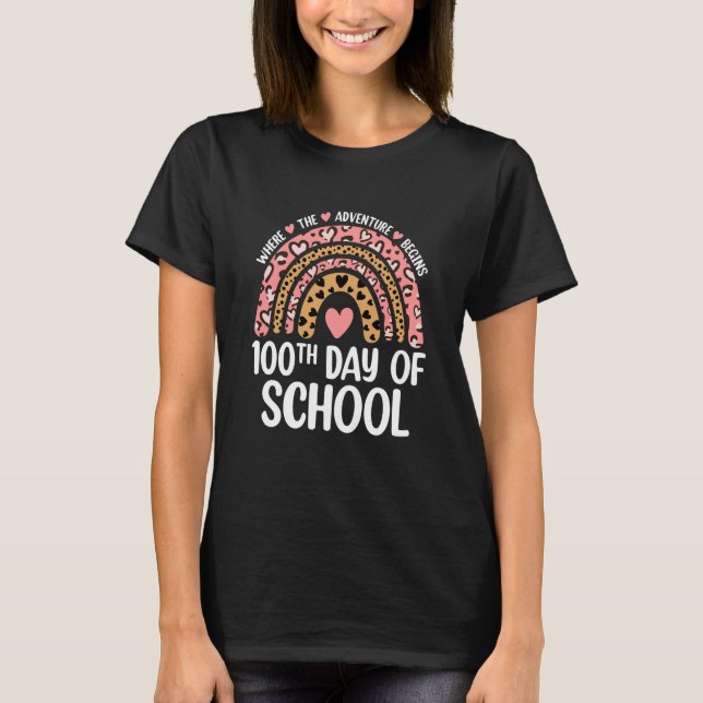 100th Day Of School Teacher 100 Days Leopard Rainb T-Shirt (Front)