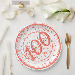 100th Elegant Centenarian Party Coral/White Paper Plate