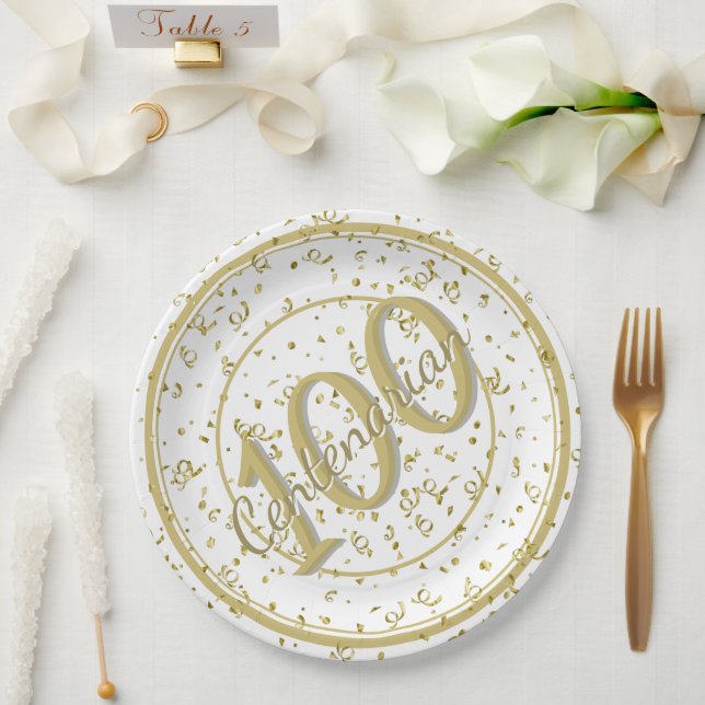 100th Elegant Centenarian Party Gold/White Paper Plate (Wedding)
