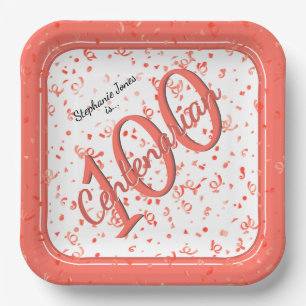 100th Elegant Party Centenarian Coral/White Paper Plate