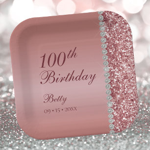 100th Elegant Rose Gold Birthday Paper Plate