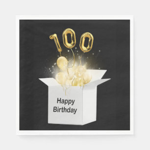 100th Gold Birthday Balloons in White Box    Napkin