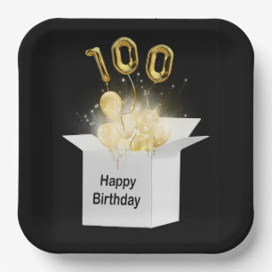 100th Gold Birthday Balloons in White Box Paper Plate