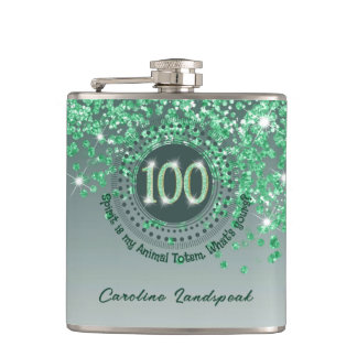 100th & Green Glitter & Drinking Quote Hip Flask