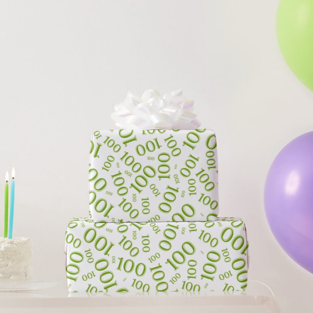 100th Green/White Random Number Pattern Medium Wrapping Paper (Party Gifts)