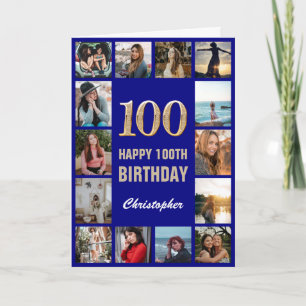 100th Happy Birthday Navy Blue Gold Photo Collage Card