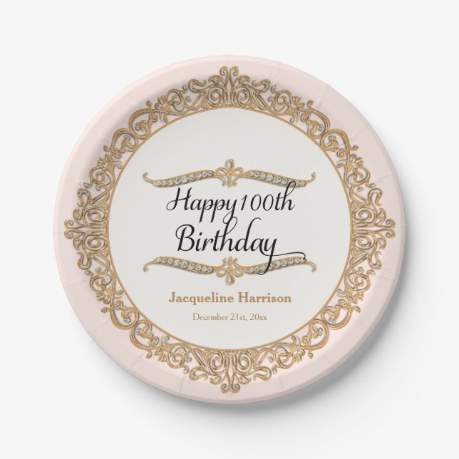 100th Happy Birthday Party Celebration Jewel Look Paper Plate (Front)