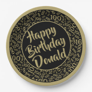 100th Party Random Number Pattern Black/Gold Paper Plate