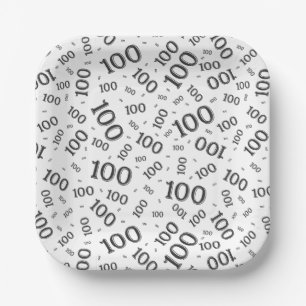 100th Party Random Number Pattern Black/White Paper Plate