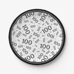 100th Party Random Number Pattern Black/White Paper Plate