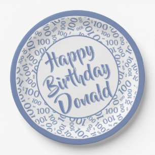 100th Party Random Number Pattern Blue/White Paper Plate